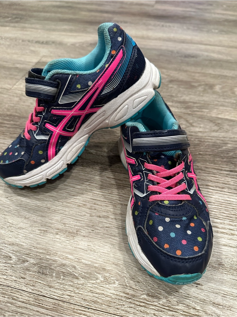 Asics Navy Kids Sneakers with Pink Accents and Multicolor Polka Dots